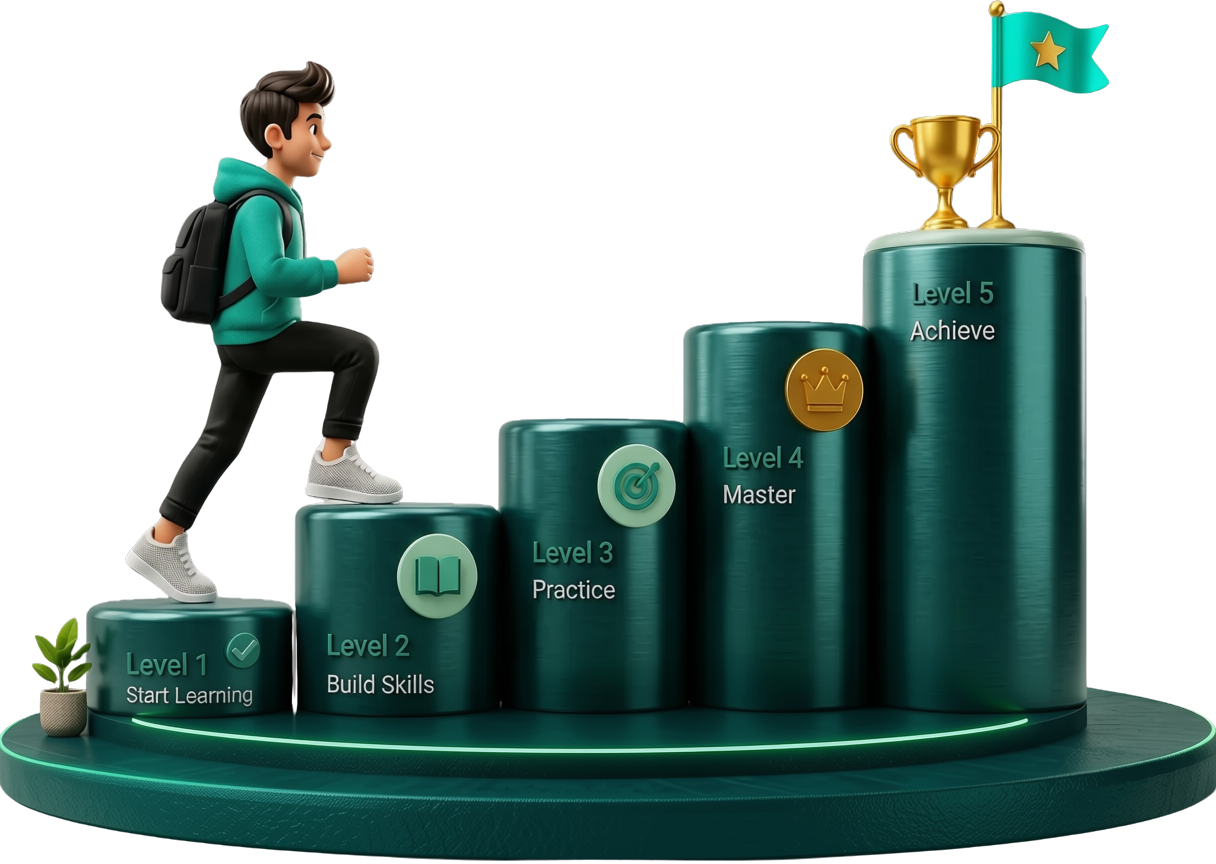 Student climbing skill-level podiums to a trophy