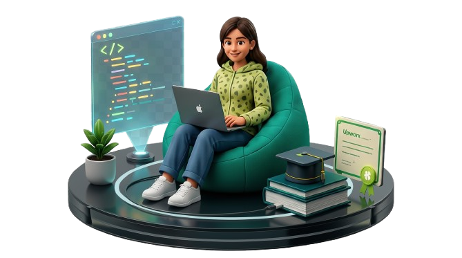 Student learning inside a glowing tech ring with a laptop